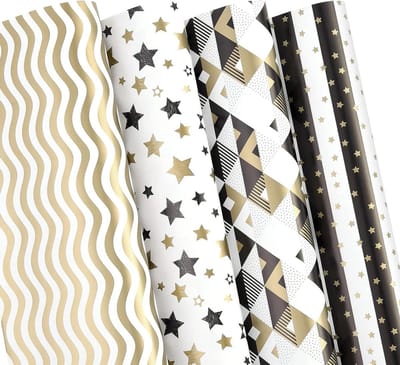 PlandRichW Wrapping Paper Folded Black and White Gold Matte Design Stars, Stripes, Ripples, Plaids for Birthdays, Christmas, Graduation, Weddings, Father's Day 4 Styles 20"x29" 12 Sheets