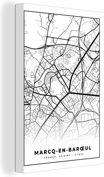 Canvas Schilderij Kaart – Stadskaart – Marcq-en-Barœul - Frankrijk – Plattegrond - Zwart wit - 20x30 cm - Wanddecoratie