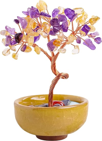 Feng Shui Decoratie met Chakra Stenen, Geneeskrachtige Kristallen en Geluksgeldboom, Spirituele Bonsai Boom van Citrien en Amethist voor Thuis en Cadeaus