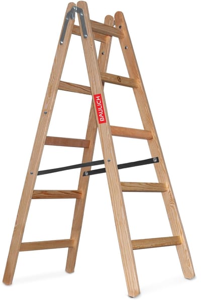 Baulich Dubbelzijdige houten ladder met 5 treden - draagvermogen 150 kg, werkhoogte 300 cm, robuust, weerbestendig