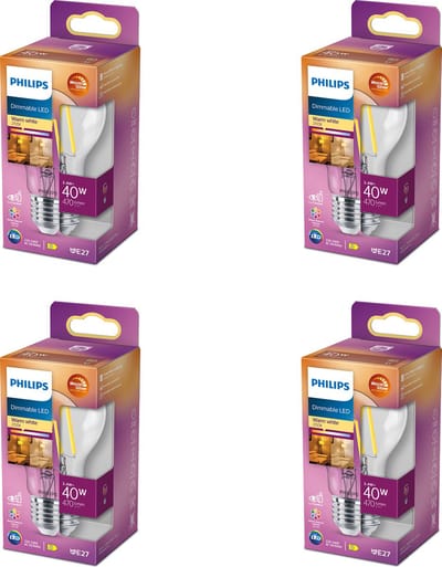 Philips Voordeelverpakking - E27 - WarmGlow - LED Standaardlamp - Helder - 40W - Dimbaar - Warmwit Licht - Set van 4 Stuks