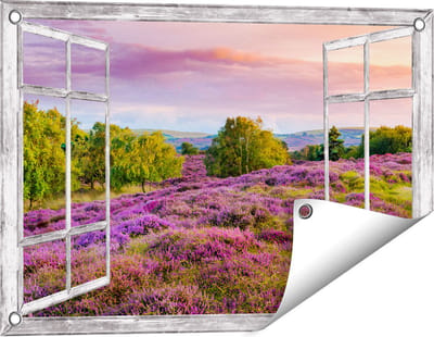 Gards Tuinposter Doorkijk Paarse Weide - 60x40 cm - Tuindoek - Tuindecoratie - Wanddecoratie buiten - Tuinschilderij