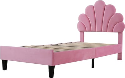 Gestoffeerd kinderbed van 90 x 200 cm, met bloemenhoofdbord en lattenbodem, huidvriendelijke fluwelen stof, meisjesbed, logeerbed (kleur: roze)