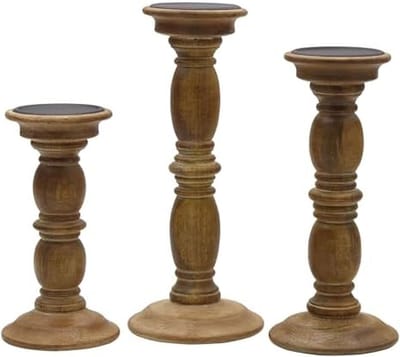 Set van 3 Houten Kandelaars Natuurlijk Hout in Verschillende Hoogtes