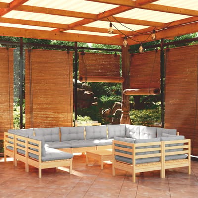 vidaXL - 12-delige - Loungeset - met - grijze - kussens - massief - grenenhout