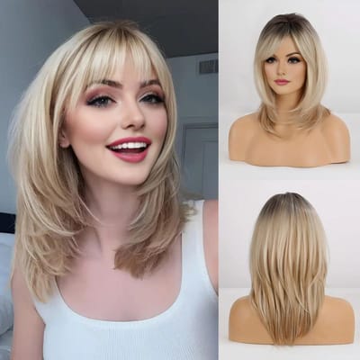 Middellang recht haar met een middenscheiding en pony, volle bos blond haar pruik One size fits all adults geel