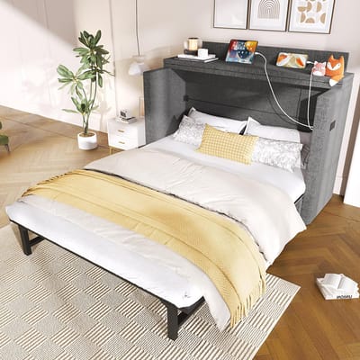 Pugsdrly Opklapbed, 140 x 200, met een lade, verplaatsbaar opklapbed met opbergruimte aan het voeteneinde, met USB- en Type-C-poorten, omvormbaar platformbed, zonder matras, linnen, grijs