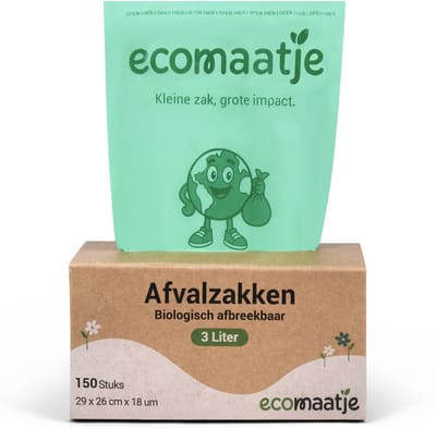 Ecomaatje Biozakjes 3 Liter – GFT Zakjes – 150 Stuks – Composteerbaar – 18 Micron Extra Sterk – Dispenser Doos