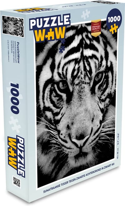 Puzzel Sumatraanse tijger tegen zwarte achtergrond in zwart-wit - Legpuzzel - Puzzel 1000 stukjes volwassenen