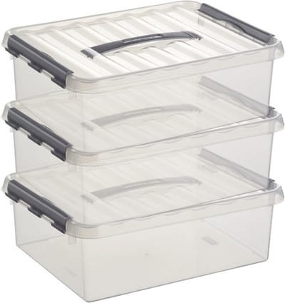 Sunware q-line opberg box/opbergdoos - 3x - 10 liter - 40 x 30 x 11 cm - kunststof - opslagbox - transparant/zilver
