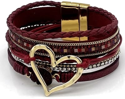 Armband - leer met hart - bordeaux - 18x3 cm - dames – valentijn – cadeau
