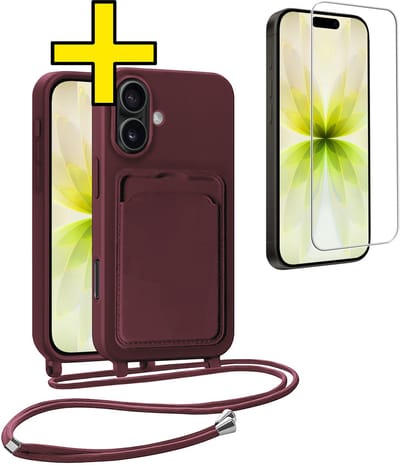 Hoesje Geschikt voor iPhone 17 Telefoonhoesje Met Koord Case Pashouder Met Screenprotector Siliconen - Hoes Geschikt voor iPhone 17 Hoesje Met Kaarthouder - Aubergine