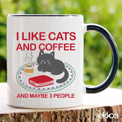 Ekkos I Like Cats and Coffee - Grappige Mok - Cadeau voor Kattenliefhebbers - Zwart Oor - 325ml