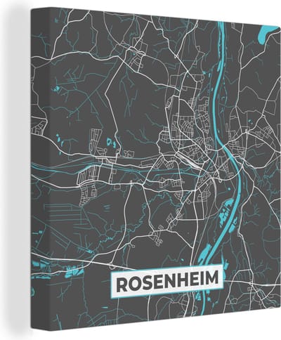 Canvas Schilderij Plattegrond – Rosenheim – Blauw – Stadskaart – Kaart - Duitsland - 20x20 cm - Wanddecoratie