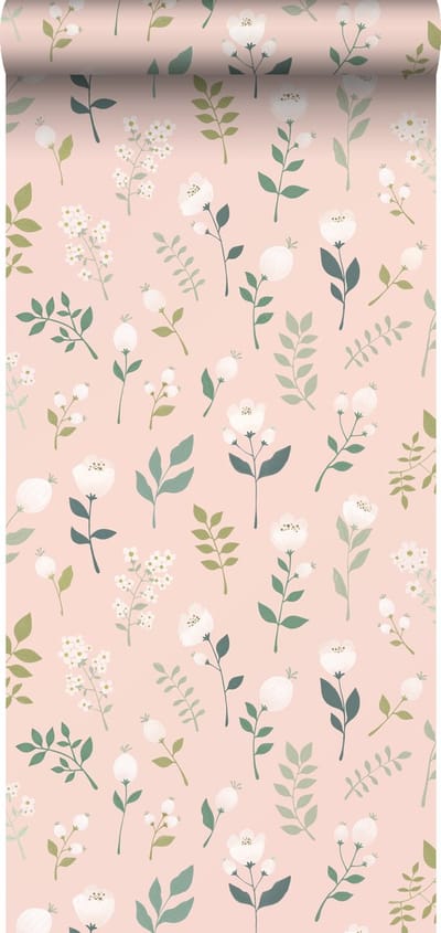 ESTAhome behang bloemen zacht roze, groen en wit - 53 cm x 10.05 m - 139340