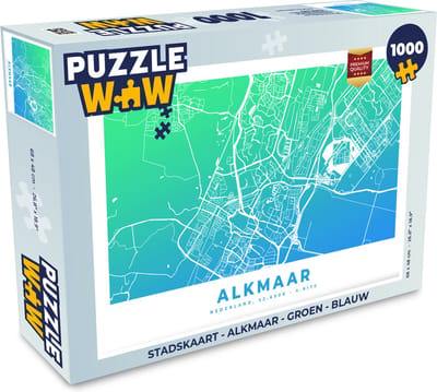 Puzzel Stadskaart - Alkmaar - Groen - Blauw - Legpuzzel - Puzzel 1000 stukjes volwassenen - Plattegrond