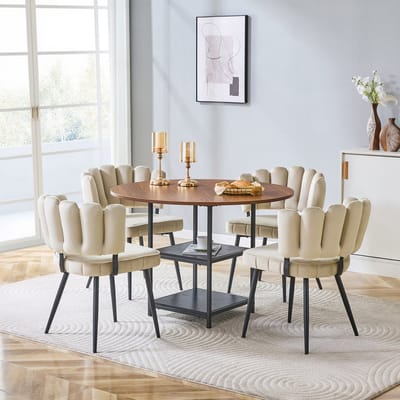 FloraGrace Eettafelset Rond 107 Cm Met 2 Opbergplanken En 4 Stoelen Voor Kleine Ruimtes MDF En Metaal Lichtbruin Walnoot Zwart