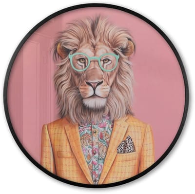 Poster in lijst Rond - Fotolijst 60x60 cm - Posters - Leeuw - Pak - Geruit - Bril - Ronde posterlijst zwart - Decoratie - Wanddecoratie woonkamer - Muurdecoratie slaapkamer