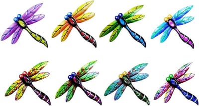 Metalen Libelle Decoratie - Tuinornamenten Buiten - Muur Versieren - Set van 8 stuks - 8.7x11.5 cm - Kleurrijk