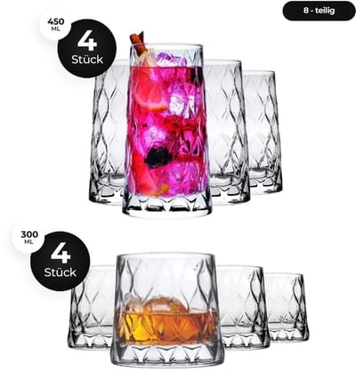 Pasabahce Leafy Whiskyglazen Set – 8-delig (4 Longdrinkglazen 450 ml + 4 Whiskyglazen 300 ml) – Kristalhelder Glas, Vaatwasserbestendig, Elegant Bladmotief voor Cocktails, Water & Whisky