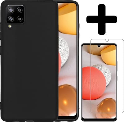 Hoesje - Met Screenprotector - Geschikt voor Samsung Galaxy A42 - Sterk & Shockproof - Back Cover - Siliconen Case - Telefoon Hoes - Telefoonhoesjes - Zwart