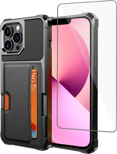 Geschikt voor iPhone 13 Pasjes Houder Hoesje + Screenprotector – Gehard Glas Cover - Magnetisch Portemonnee Hoesje - Zwart