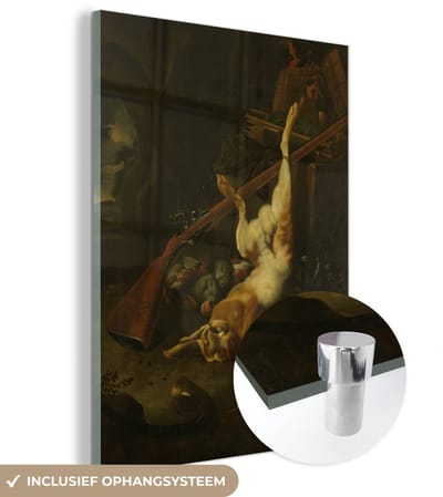 ® Glasschilderij 120x160 cm - Schilderij acrylglas - Jachtbuit met dode haas - Schilderij van Melchior d'Hondecoeter - Foto op glas - Muurdecoratie woonkamer - Wanddecoratie slaapkamer - Schilderijen