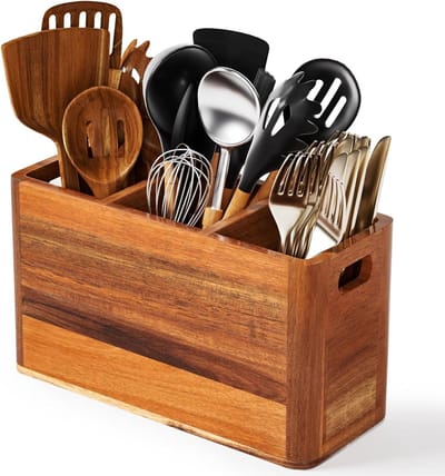 Houten keukengereihouder met 3 vakken, grote bestekorganizer voor keuken, multifunctionele plank voor werkblad en tafeldecoratie, ideaal voor kantoor en badkamer