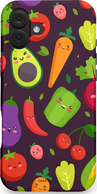 Casetastic hoesje geschikt voor Apple iPhone 16 Plus - MagSafe - Dubbellaagse bescherming - Vrolijke Groentevrienden - Fashion Case - Zwart Groen Rood Geel
