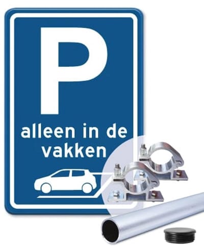 Parkeerbord Alleen in de vakken - blauw - Weerbestendig Aluminium - 30x45 cm - Bevestiging: Met paal 150 cm + paalbeugels + paaldop