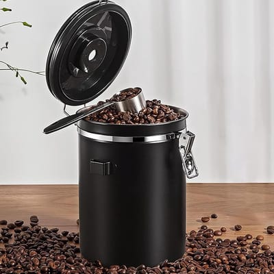 Luchtdichte koffiecontainer van roestvrij staal, 1.8 L, voor koffiebonen, thee en noten met lepel en kalenderwiel voor optimale opslag