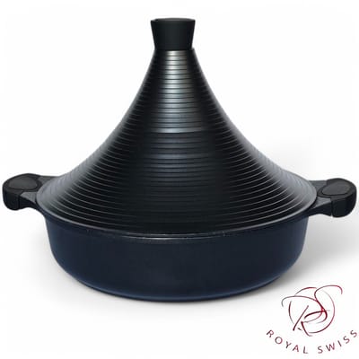 Royal Swiss® Tajine Ø 28 cm - Zwart Aluminium - 3 Liter – Luxe Kookpot voor Smaakvolle Slow-Cooked Gerechten – Ideaal voor Gezonde Maaltijden en Traditionele Recepten