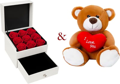 Bloemen & Teddybeer & Silverplated Hartjes Ketting | Ketting Dames |Sieradendoos | Vrouw | Vriendin | Moeder | Dochter | Verjaardag | Cadeau | Geschenkset Vrouwen | Juwelendoos | Rozenblaadjes | Geschenkdoos |