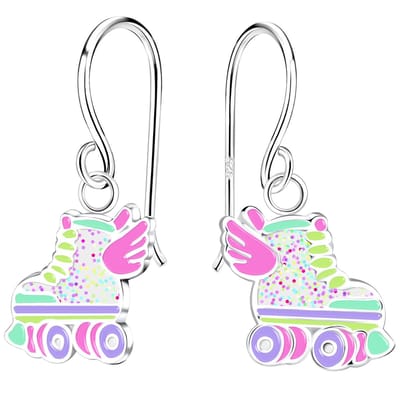 Joy|S - Zilveren rolschaatsen bedel oorbellen - rollerskates - glittertjes - oorhangers - kinderoorbellen