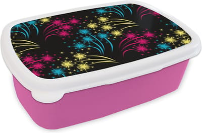 Broodtrommel Roze - Lunchbox - Brooddoos - Vuurwerk - Patroon - Oud en Nieuw - 18x12x6 cm - Kinderen - Meisje