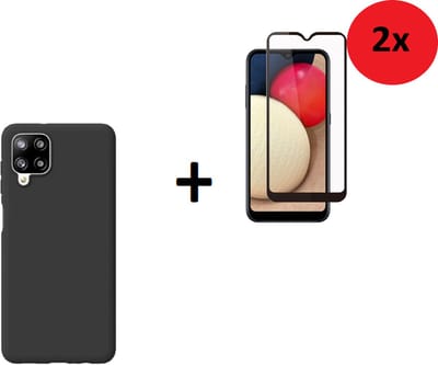 Hoesje Geschikt voor Samsung Galaxy A42 - Siliconen - Full Screenprotector A42 - Hoesje Zwart Case + 2x Full Tempered Glass