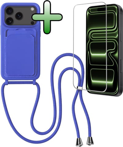 Hoes Geschikt voor iPhone 17 Pro Hoesje Pas Houder Case Hoes Met Koord Met Screenprotector - Hoesje Geschikt voor iPhone 17 Pro Hoes Met Telefoonkoord Pasjeshouder Cover - Felblauw