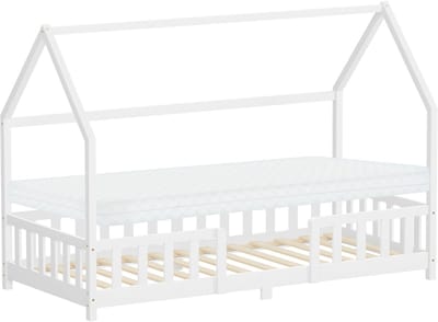 Kinderbed huisbed 90x200 cm wit gemaakt van dennenhout incl. matras H-10cm uitvalbeschermend dak en lattenbodem ML-Design
