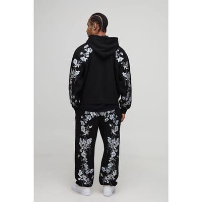 Baggy fit bloemengeborduurde joggers | Black | Size XS
