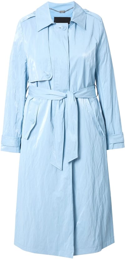 Ulla Popken - Dames - Trenchcoat metallic effect A-lijn overhemdkraag riem - Hemelsblauw - Maat 50+