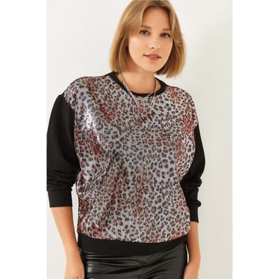 Leopardprint Sequins Crewneck Sweatshirt