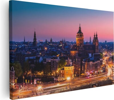 Artaza Canvas Schilderij Skyline Amsterdam - 30x20 cm - Klein - Wanddecoratie Stad - Muurdecoratie Zonsondergang - Kamer Accessoires Grachten