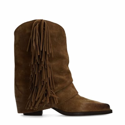 Sacha - Dames - Taupe suède cowboyboots met franjes - Maat 36