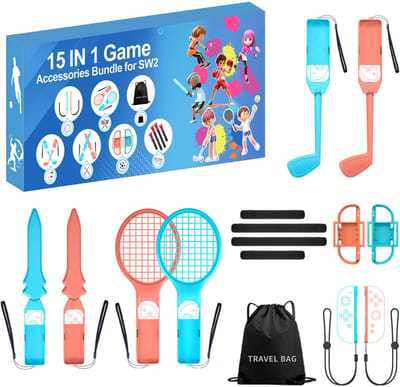 Accessoireset Geschikt Voor Nintendo Switch 2 Sports 15-in-1 - Familie Sport Pack - Joy-Con Rackets, Golfclubs & Zwaarden - Rood/Blauw