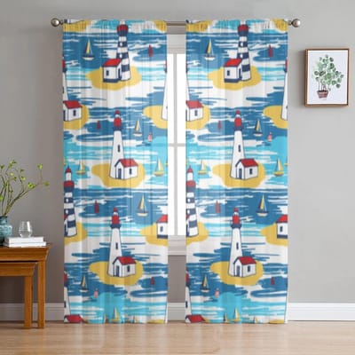 Kleurrijk Vuurtorenlandschap Transparante Gordijnen voor Woonkamer Transparant Tule Raamgordijn Slaapkamer Keuken Decor Sluier Draperieën 135W x 114H(cm) gray