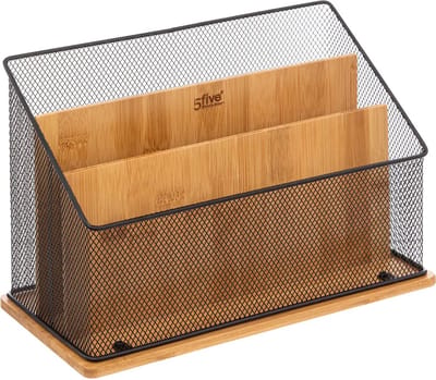 5Five Lectuurbak - zwart - 29x14x20 cm - mesh en bamboe hout - tijdschriftenrek - bureau organizer