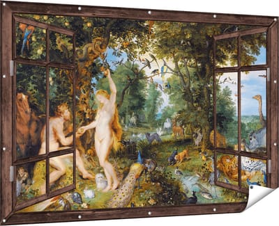 Gards Tuinposter Doorkijk Het Aardse Paradijs met de Zondeval van Adam en Eva - Jan Brueghel - 180x120 cm - Tuindoek - Tuindecoratie - Wanddecoratie buiten - Tuinschilderij