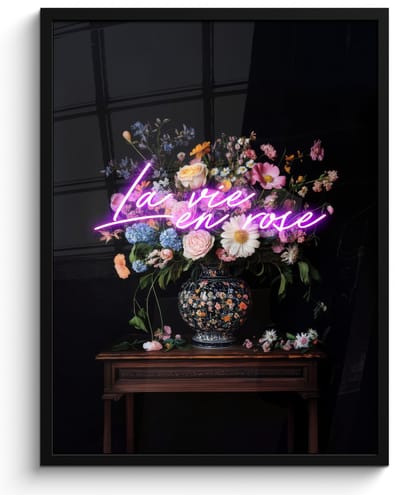 Poster in lijst - Fotolijst 50x70 cm - Posters - Neon - Vaas - Bloemen - Posterlijst zwart - Decoratie - Wanddecoratie woonkamer - Muurdecoratie slaapkamer