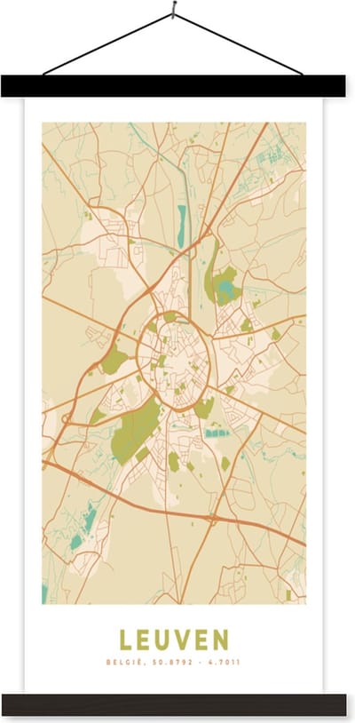 Posterhanger incl. Poster 40x80 cm - Schoolplaat - Kaart - België - Vintage - Plattegrond - Stadskaart - Leuven - Textielposter - Zwarte latten - Stadskaart