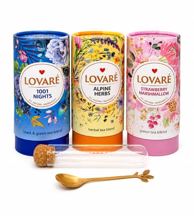 Luxe Lovaré Thee Cadeauset – 3 Premium Theesoorten met Gouden Theelepel & Glazen Thee-Infuser